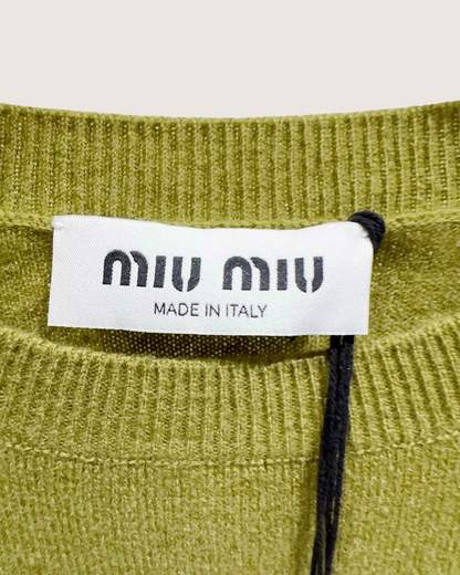 Miu Miu Wool Argyle Short-Sleeve Sweater Green, Beige/Ecru FR 38