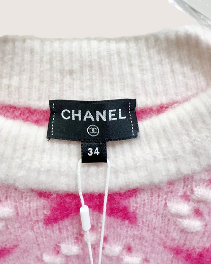 Chanel 23N Coco Neige Cashmere Ski Sweater Pink, White FR 34