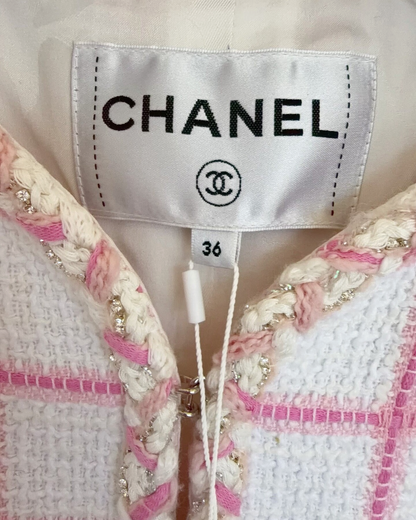 Chanel 23C Windowpane Tweed Four-Pocket Jacket White, Pink FR 36