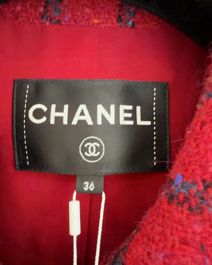 Chanel 22K Checked Tweed Collared Jacket Red, Navy FR 36
