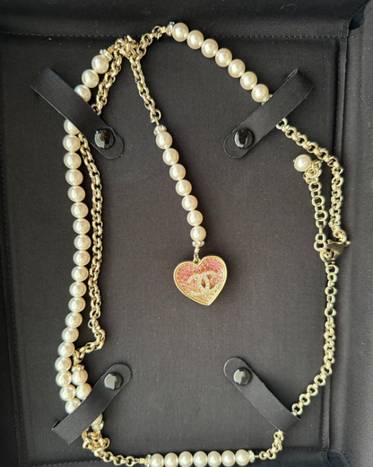 Chanel 23S Pearl Heart-Charm Necklace Pink, Gold, White One Size