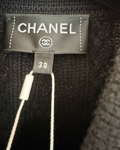 Chanel 23P Cashmere Collared Striped Cable Cardigan Black, Pink, White FR 38