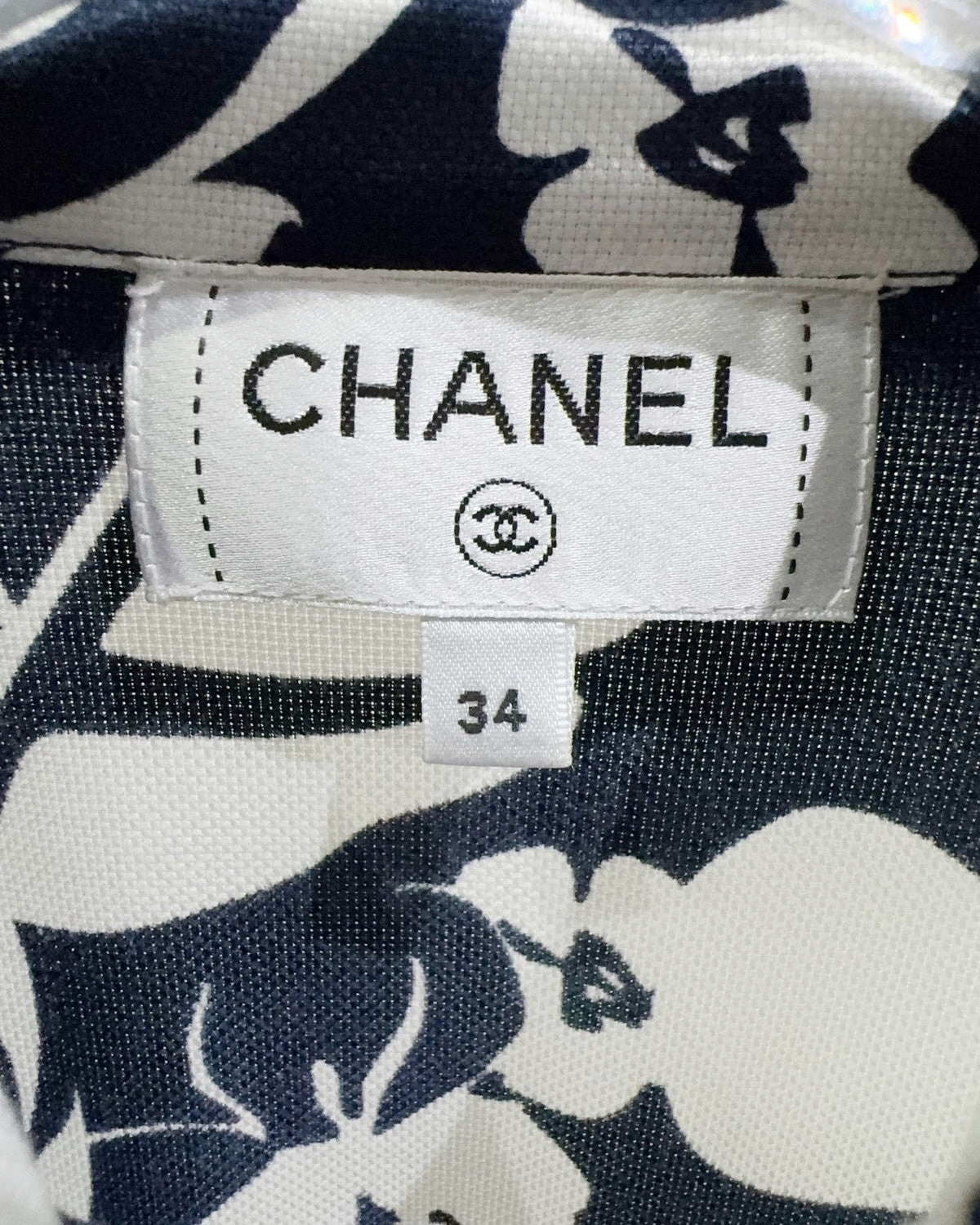 Chanel Camellia Print Short-Sleeve Shirt Navy, White FR 34