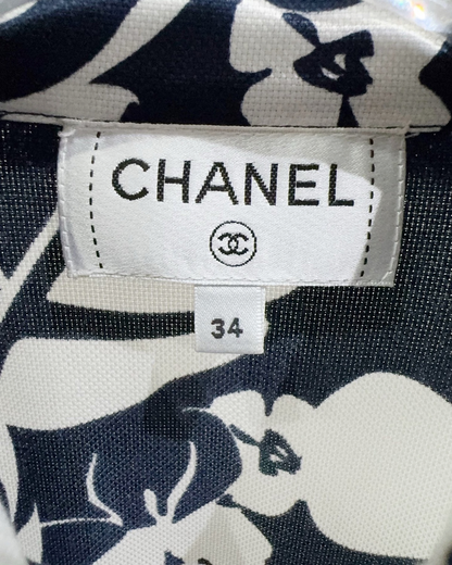 Chanel Camellia Print Short-Sleeve Shirt Navy, White FR 34