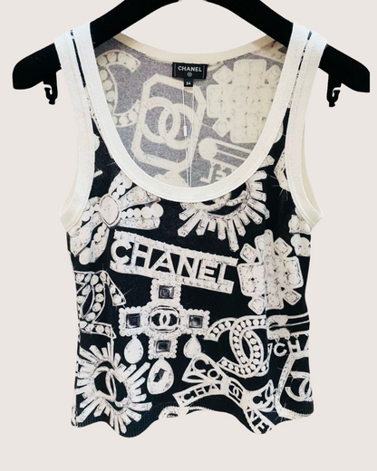 Chanel 23N Coco Neige Cashmere Jewelry-Print Top Black, White FR 34
