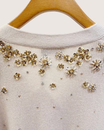 Miu Miu Cashmere Sequin Floral Cardigan Beige/Ecru, Gold FR 38