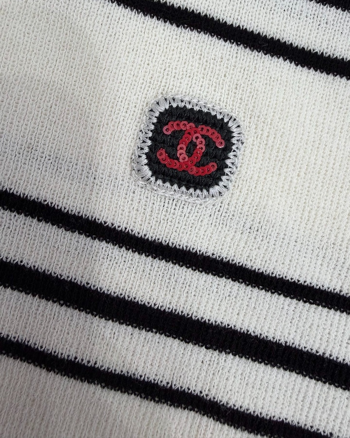 Chanel 26C Striped Knit Polo Cardigan Beige/Ecru, Black, Red FR 34