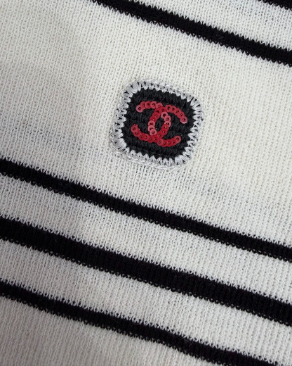 Chanel 26C Striped Knit Polo Cardigan Beige/Ecru, Black, Red FR 34