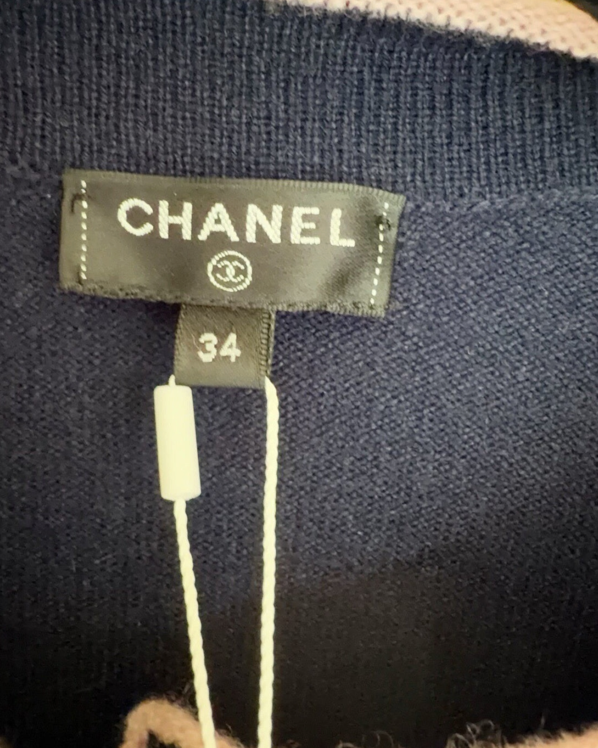 Chanel Pink-Trim Crewneck Cardigan Navy, Pink FR 34