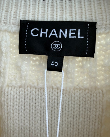 Chanel 25N Cable-Knit V-Neck Sweater Beige/Ecru, Black FR 40