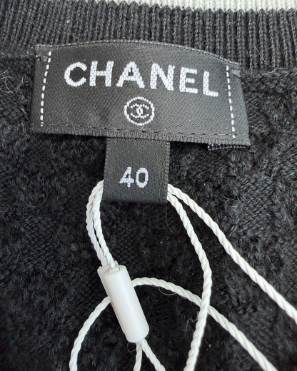 Chanel 26C Pointelle-Knit Cardigan Black, White, Orange FR 40