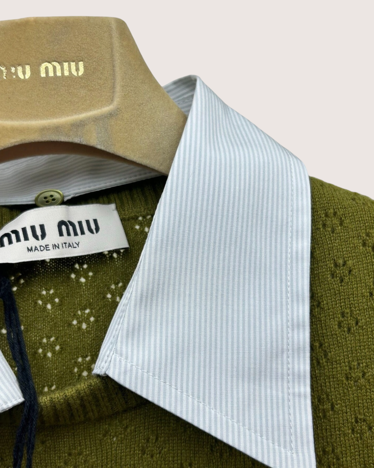 Miu Miu Collared Cashmere Short-Sleeve Sweater Green, White