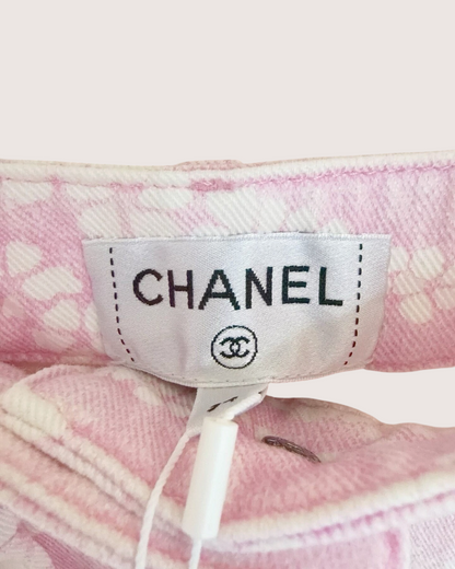 Chanel 25M Coco Beach Floral-Print Denim Shorts Pink, White FR 34