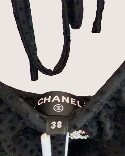 Chanel 24B Ruffle-Neck CC Polka-Dot Top Black FR 38