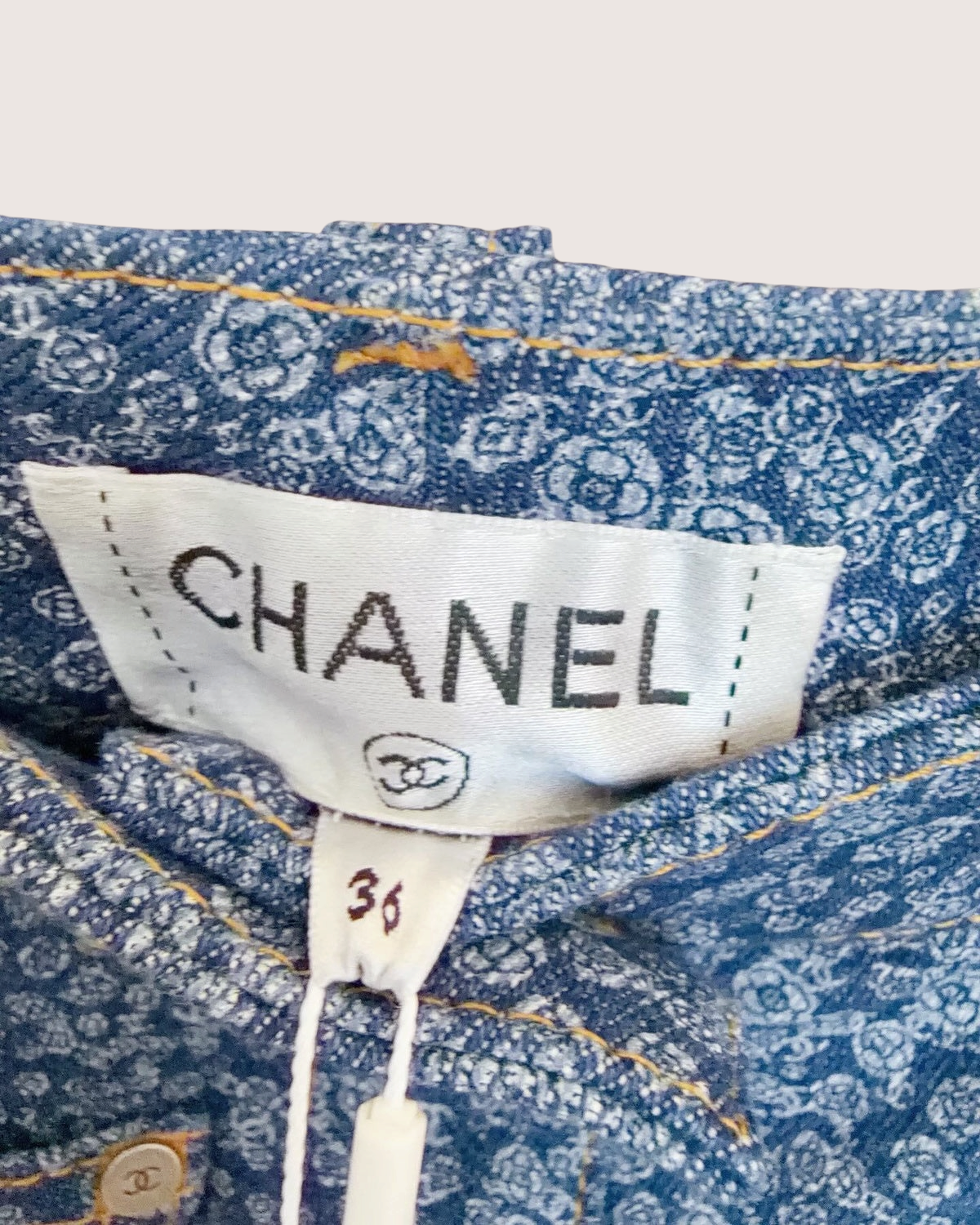 Chanel 21B Camellia Straight Denim Jeans Blue, White FR 36