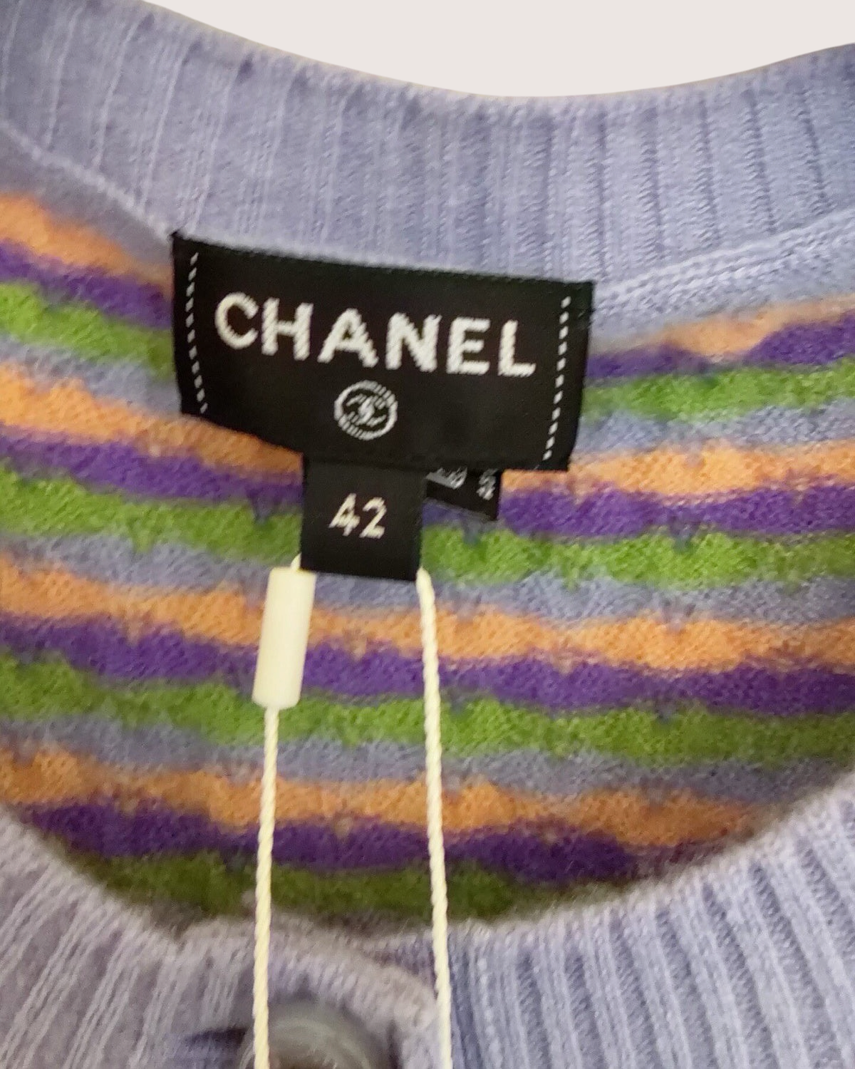 Chanel 24A Cashmere Striped Short-Sleeve Cardigan Purple, Green, Orange, Multicolor FR 42