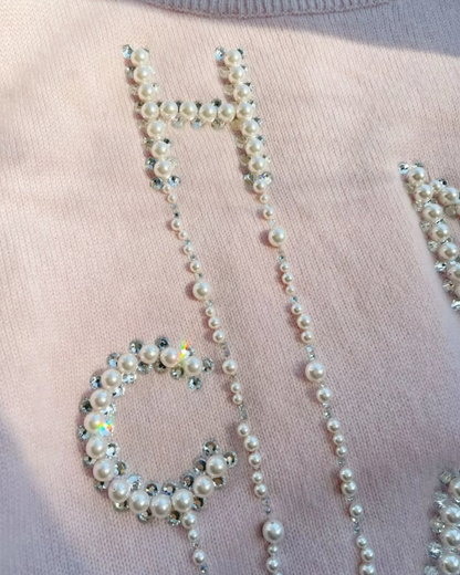 Chanel 21S Cashmere Pearl Logo Cropped Sweater Pink, White FR 36