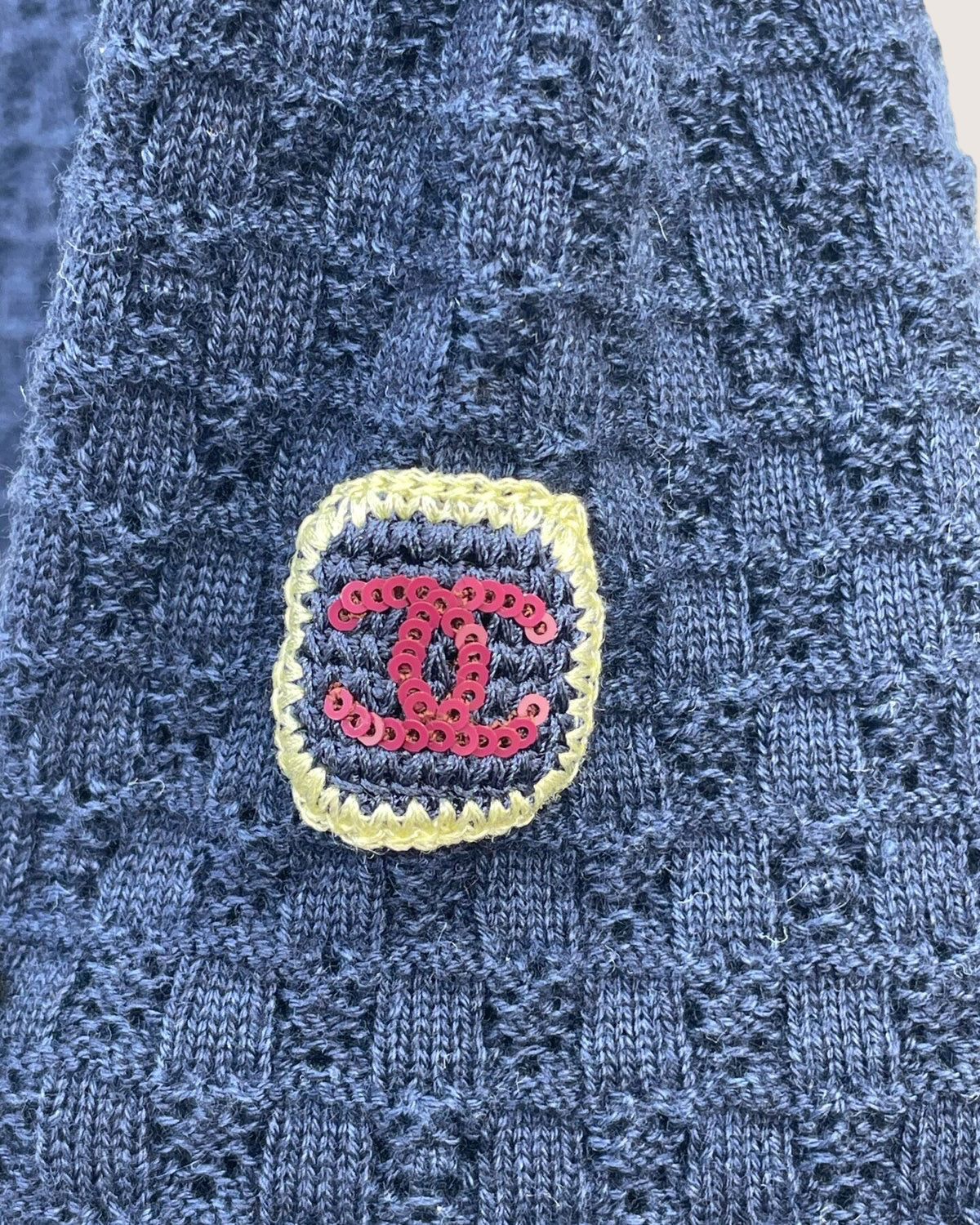 Chanel 26C Cashmere Openwork Cardigan Navy, Yellow, Purple FR 38