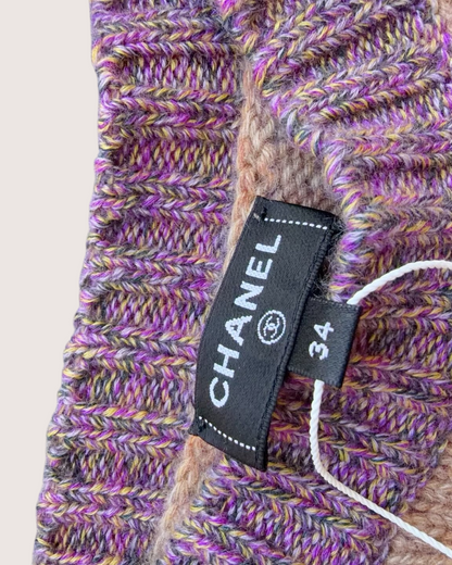 Chanel 22K Cashmere Contrast-Trim CC Sweater Beige/Ecru, Purple FR 34