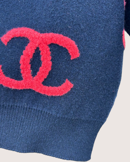Chanel 21P CC Monogram Cashmere Sweater Navy, Pink FR 38