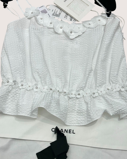 Chanel 26C Floral-Trim Peplum Camisole Top White FR 34