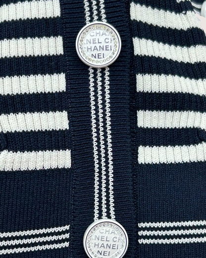 Chanel 23C Striped Cardigan Navy, White FR 34