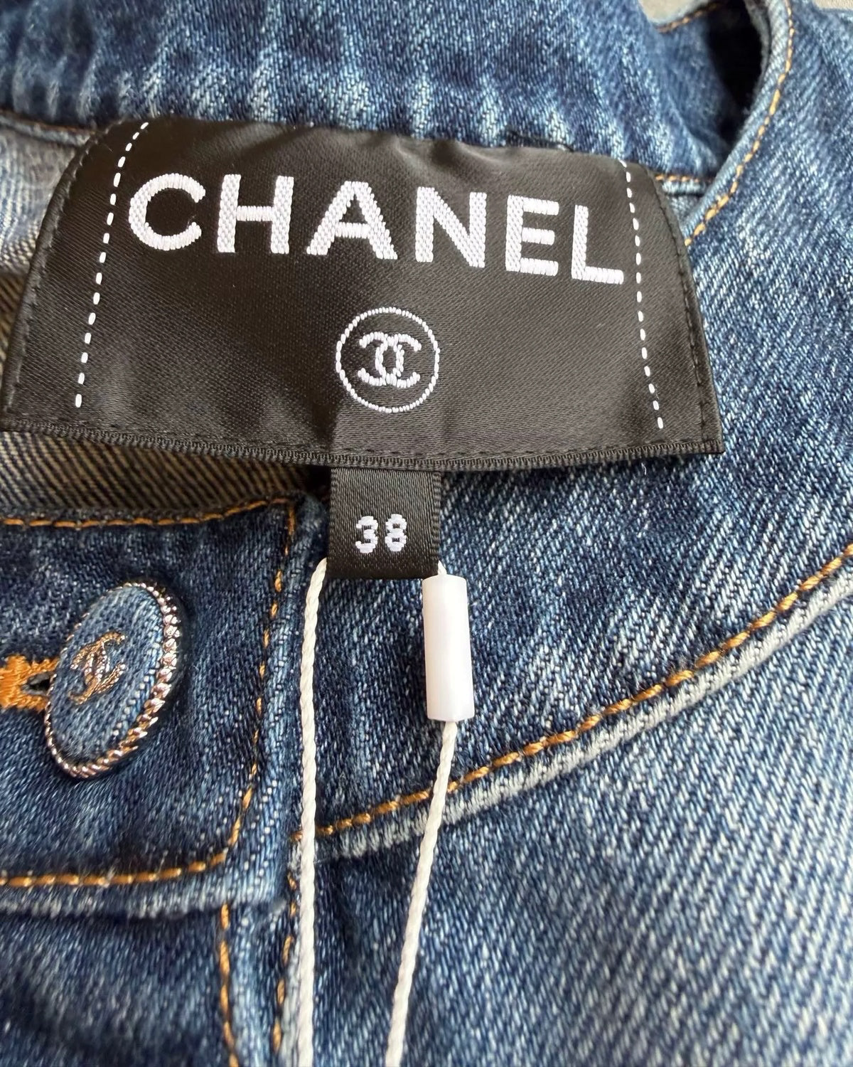 Chanel 24B Denim Crewneck Pocket Jacket Blue FR 38