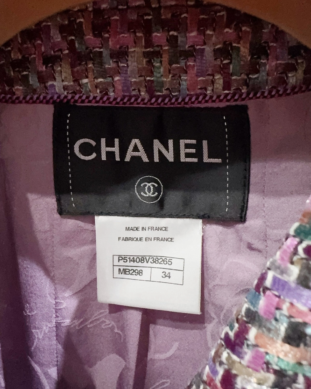 Chanel Tweed Jacket Purple, Pink, Green, Multicolor FR 34