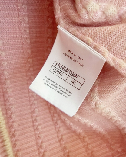 Chanel 25B Cashmere Cable Feather-Trim Cardigan Pink, White, Beige/Ecru FR 40