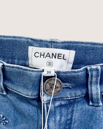 Chanel 21P CC Logo Skinny Denim Jeans Blue FR 36