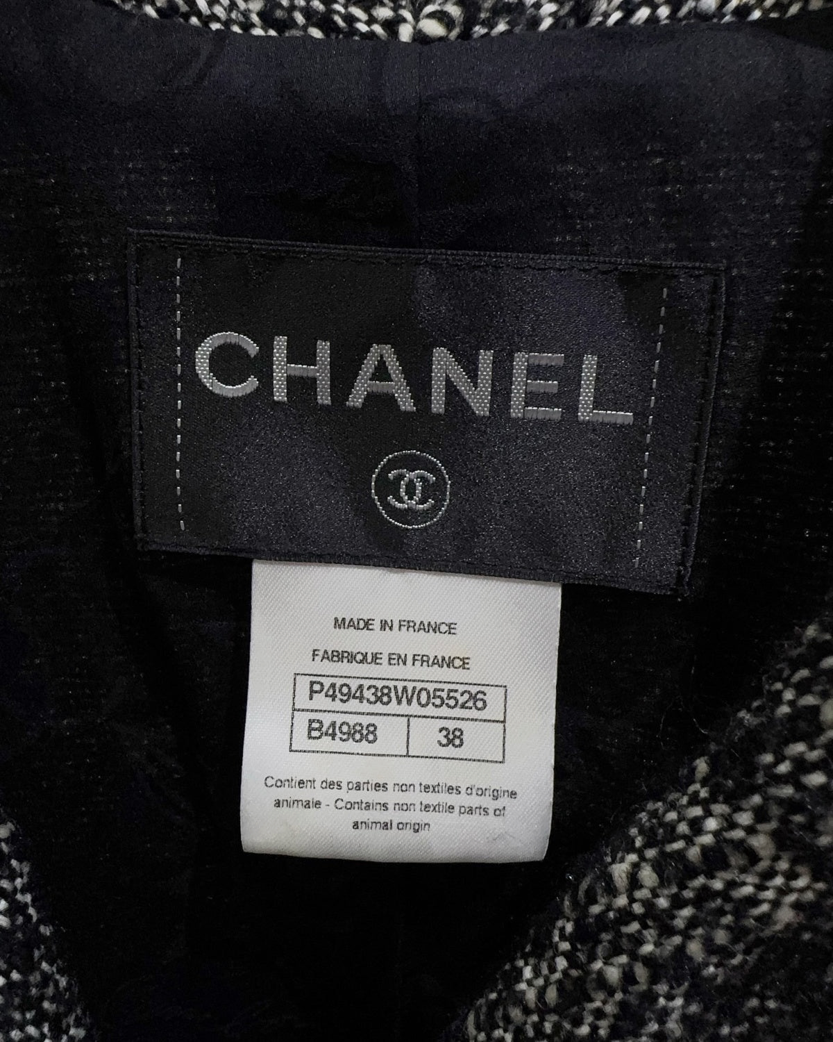 Chanel Tweed Jacket Black, White FR 38