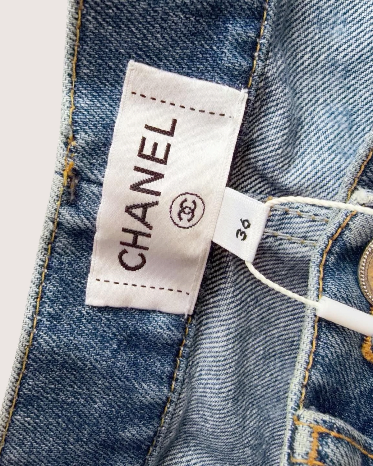 Chanel 25P CC Pearl-Print Wide-Leg Denim Jeans Blue, White FR 36