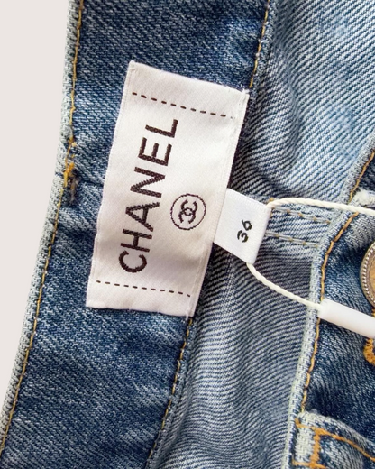 Chanel 25P CC Pearl-Print Wide-Leg Denim Jeans Blue, White FR 36