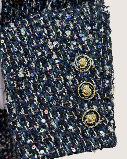 Chanel 21A Wool Sequin Tweed Jacket Navy, Gold, Multicolor FR 38