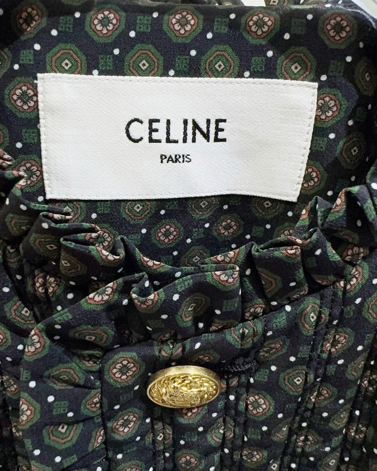 Celine Ruffle-Trim Geometric-Print Cropped Jacket Navy, Green, Multicolor FR 36