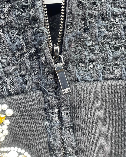 Chanel 22A Pearl & Crystal Embellished Logo Zip-Up Tweed Jacket Black FR 34