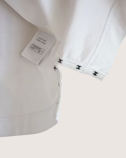 Chanel 25P Contrast-Collar Smocked Top White, Black FR 38
