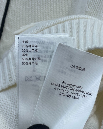 Louis Vuitton Cashmere Striped-Trim LV Logo Cardigan White, Navy FR 34