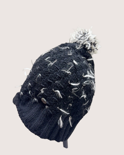 Chanel Fringe Knit Hat Black, White, Gold One Size