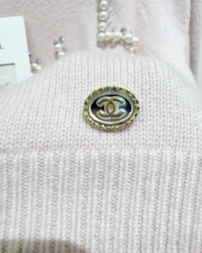 Chanel 21S Cashmere Pearl Logo Cropped Sweater Pink, White FR 36