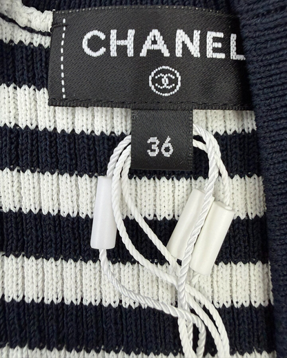 Chanel 23C Striped Cardigan Navy, White FR 36
