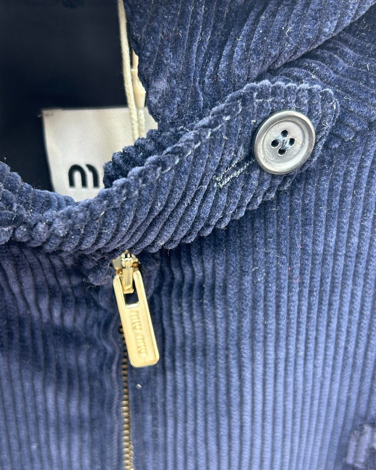 Miu Miu Logo Corduroy Zip-Up Jacket Navy IT 40