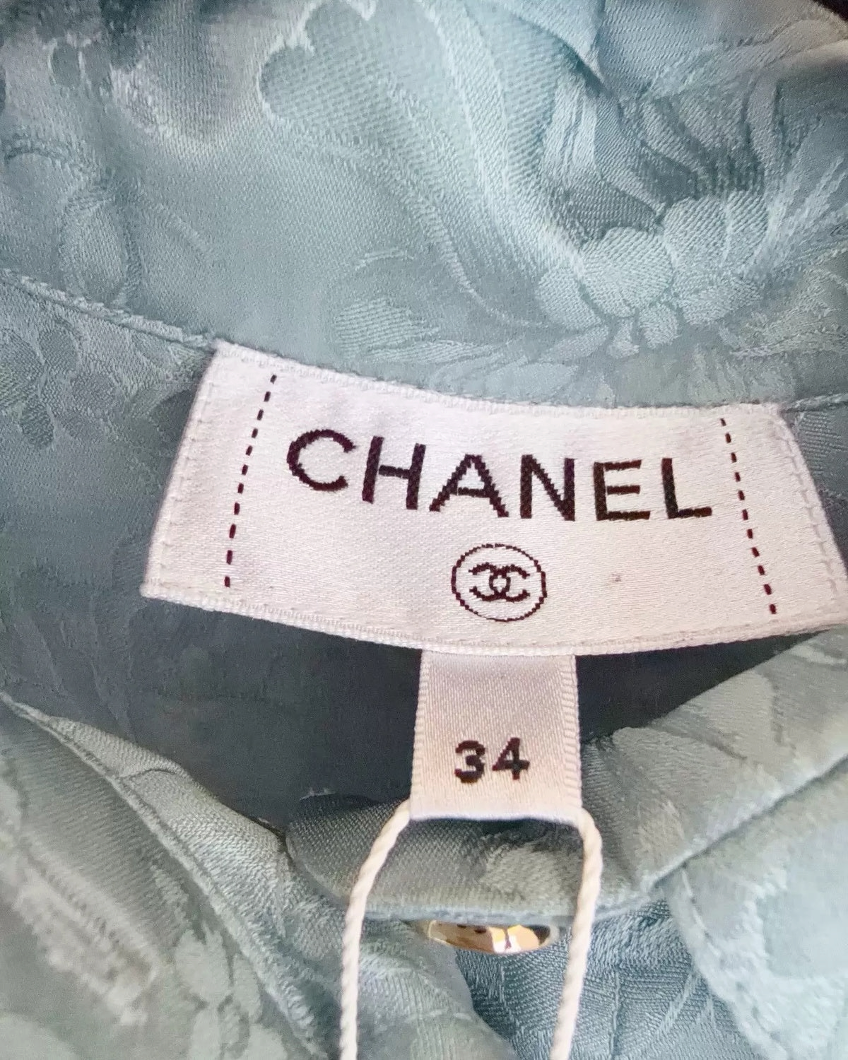 Chanel 25A Camellia Pattern Sleeveless Shirt Green, Blue FR 34