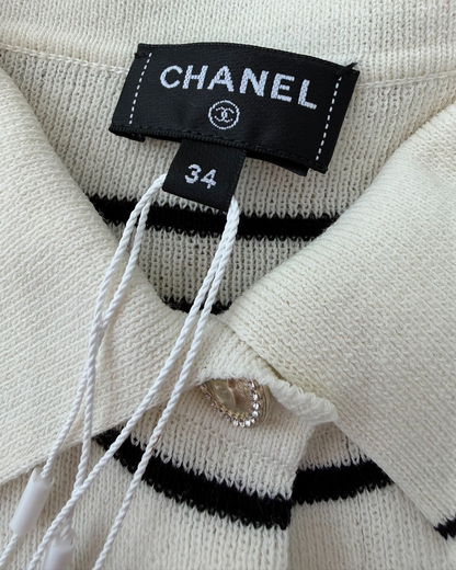 Chanel 26C Striped Knit Polo Cardigan Beige/Ecru, Black, Red FR 34