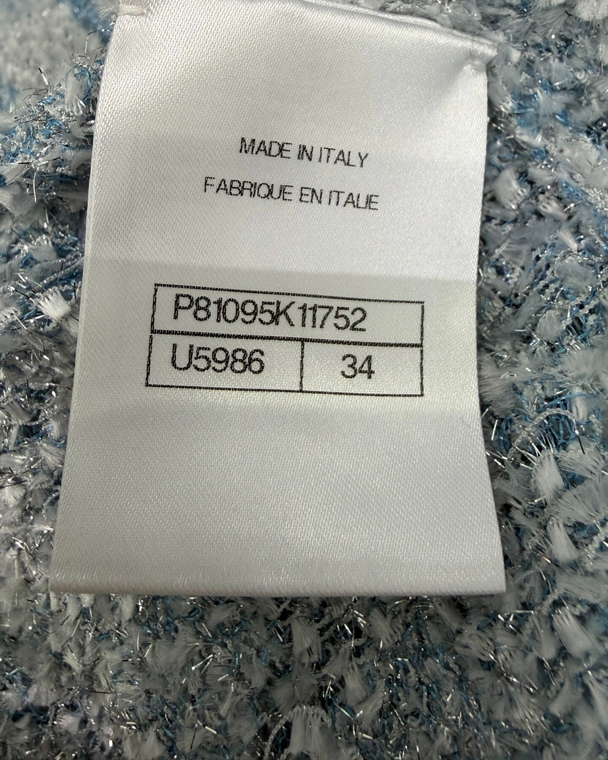 Chanel 26C Shimmer Knit Cardigan Blue, Silver, White FR 34