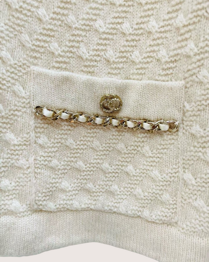 Chanel 23B Cashmere Cropped Chain-Trim Cardigan Beige/Ecru FR 38