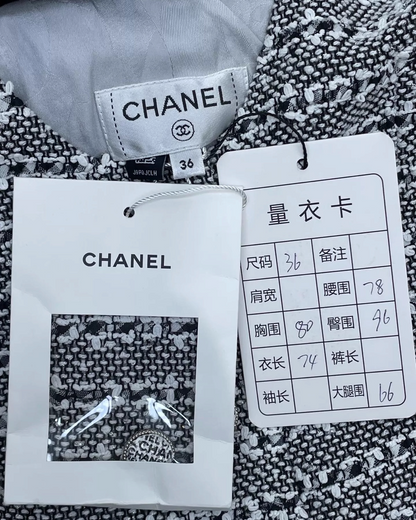 Chanel 24P Striped Tweed Jumpsuit Grey, White, Black FR 36