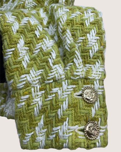 Chanel 22B Houndstooth Wool Cropped Jacket Green, White FR 36
