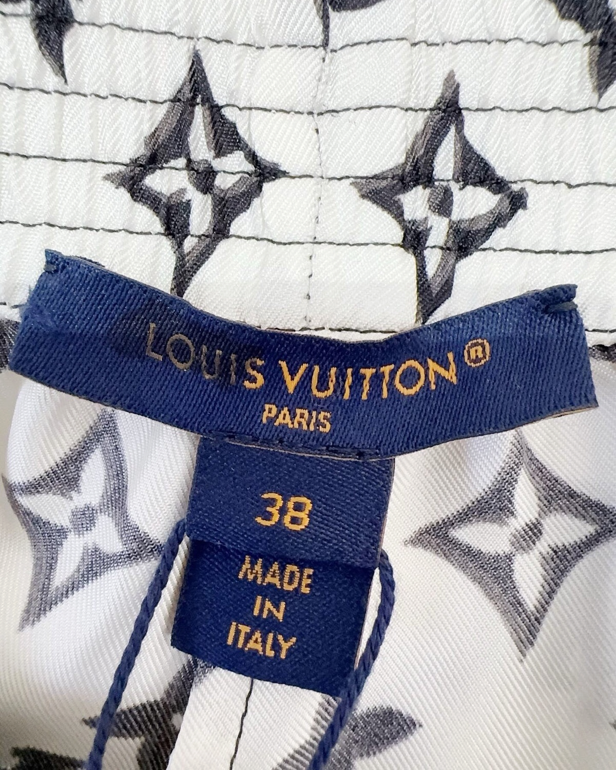 Louis Vuitton Striped-Hem Monogram Shorts White, Navy, Grey FR 38