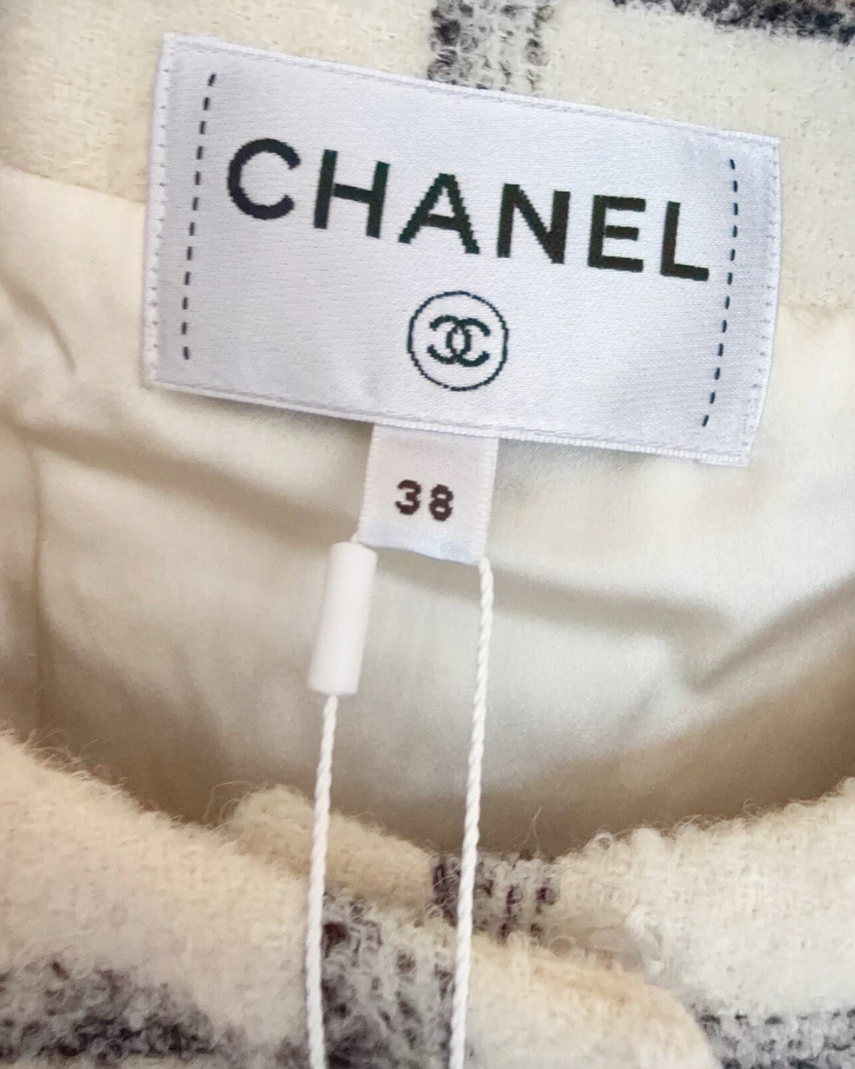 Chanel 22K Embroidered Windowpane Tweed Coat Beige/Ecru, Black FR 38